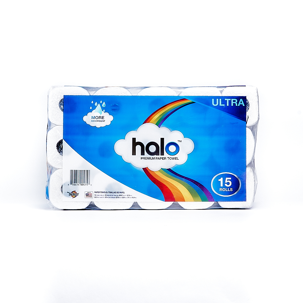 Front side of 2-Ply Halo paper towel package (52 sheets/15 pack)