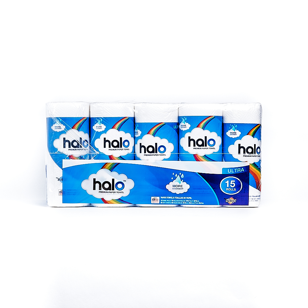 Back side of 2-Ply Halo paper towel package (52 sheets/15 pack)