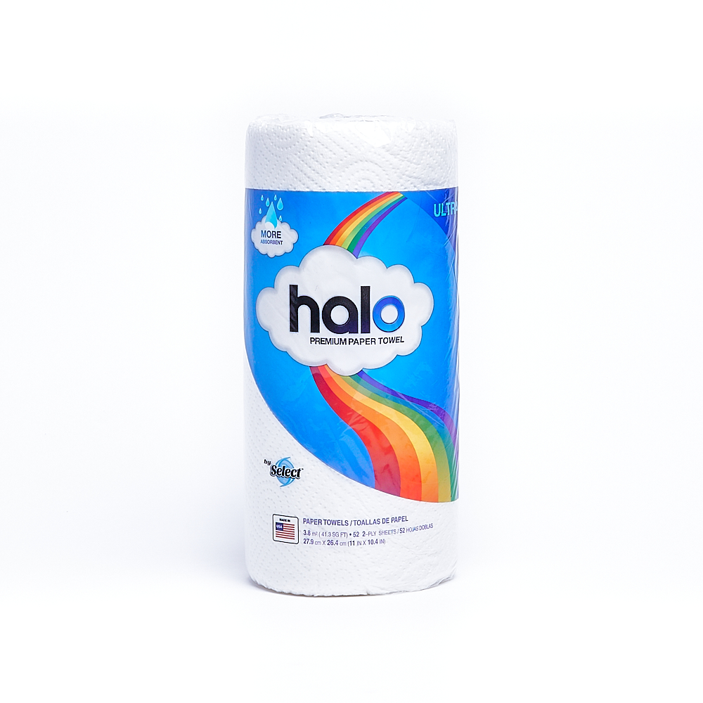 Front side of 2-Ply Halo paper towel package (52 sheets/1 pack)