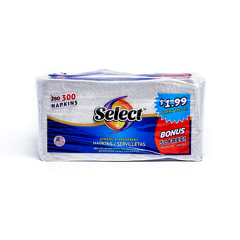 Front side of 1-Ply Select napkin package (300 sheets/1 pack)