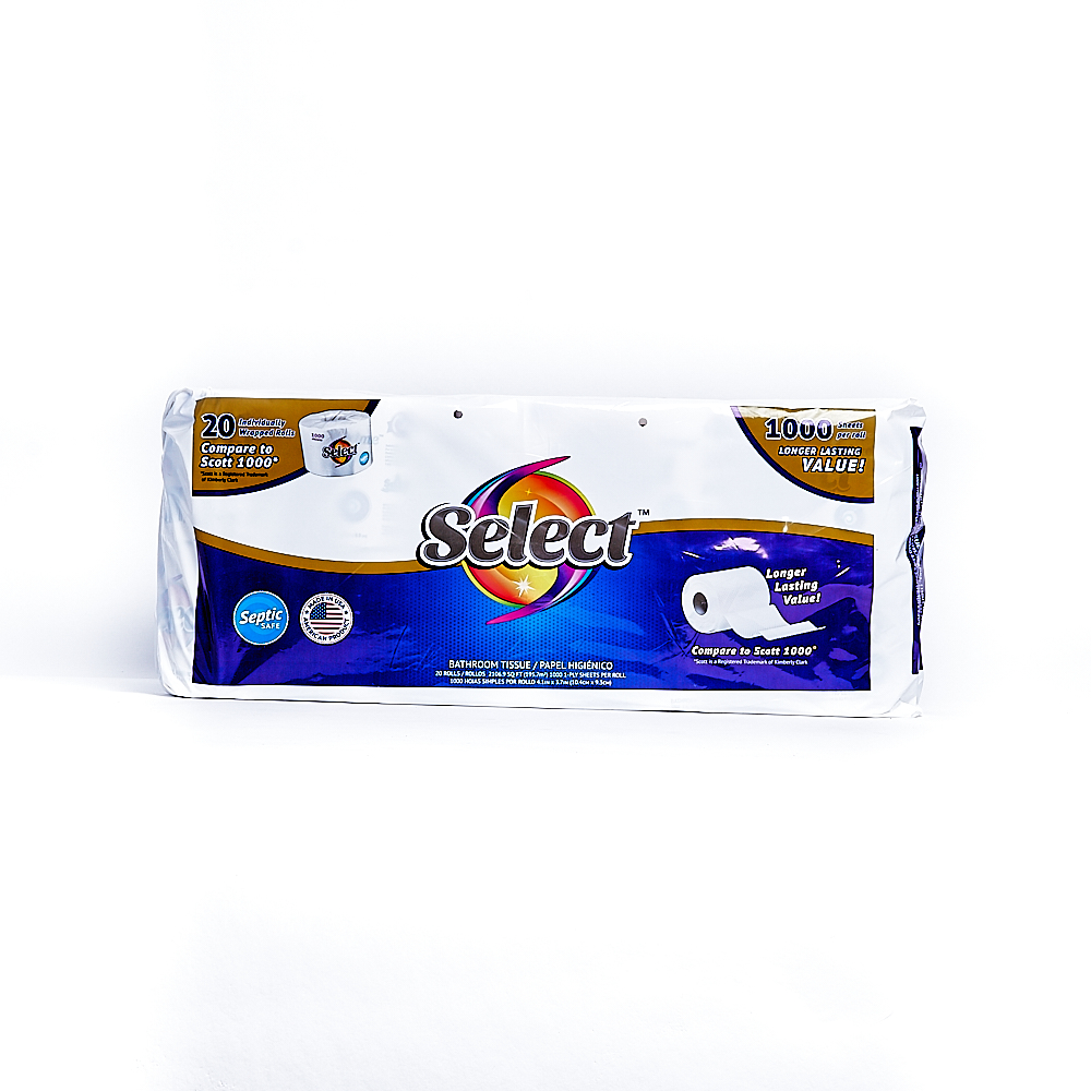 Front side of 1-Ply Select bath tissue package (1000 sheets/20 pack)