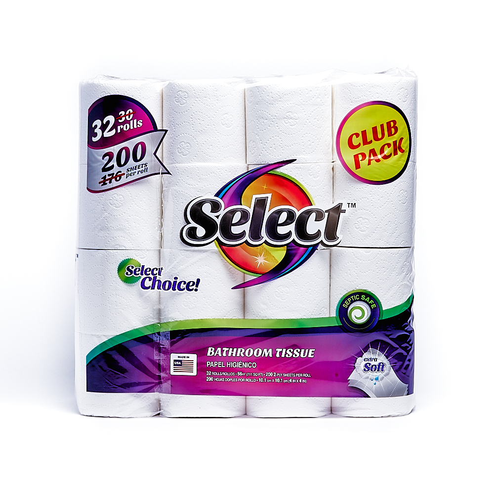 Front side of 2-Ply Select bath tissue package (200 sheets/32 pack)