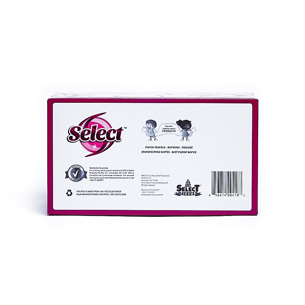 Back side of 2-Ply Select facial tissue package (216 sheets/1 pack)