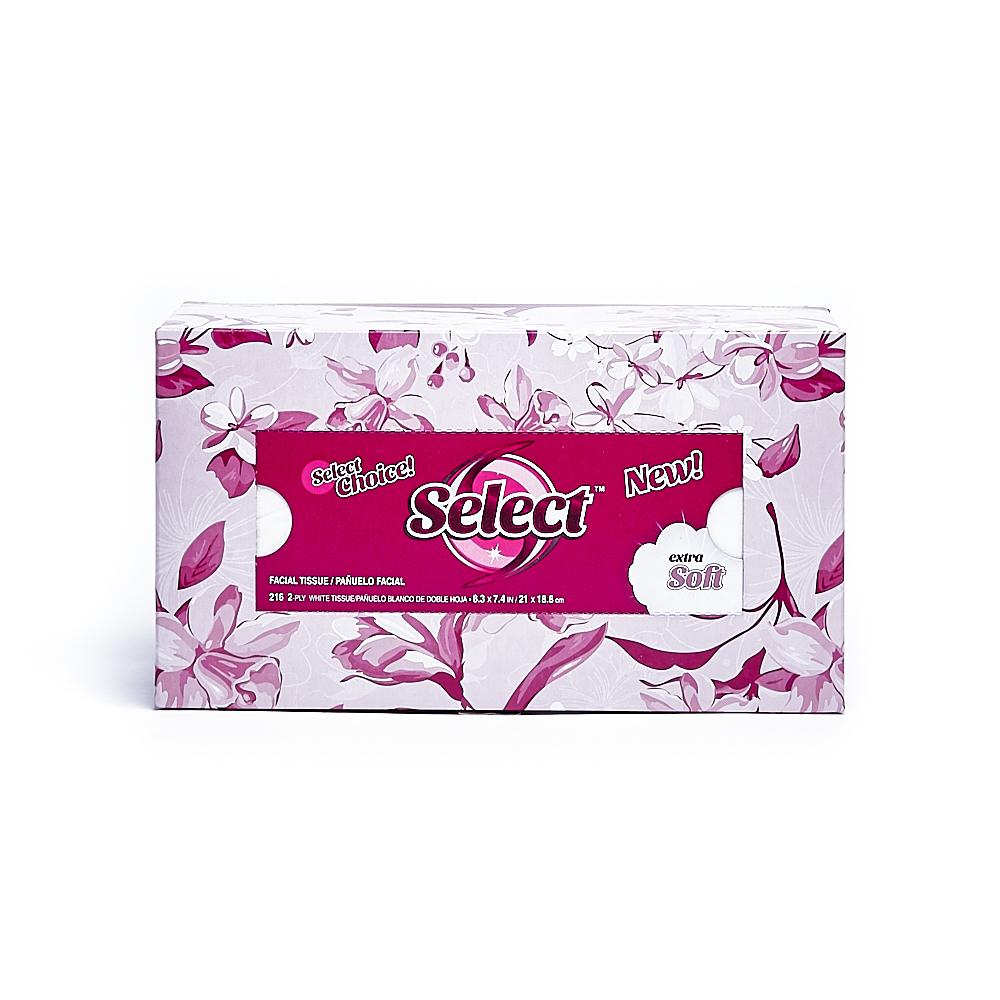Front side of 2-Ply Select facial tissue package (216 sheets/1 pack)