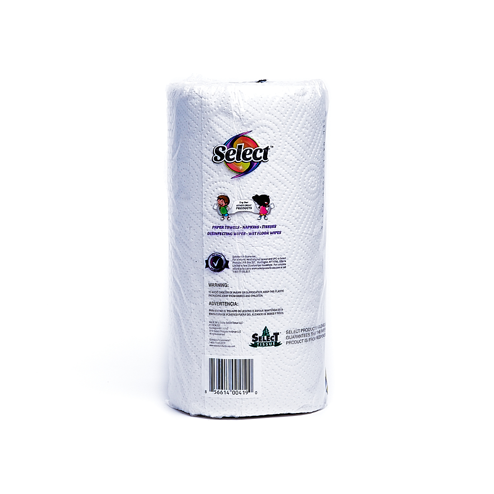 Back side of 2-Ply Select paper towel roll package (142 sheets)