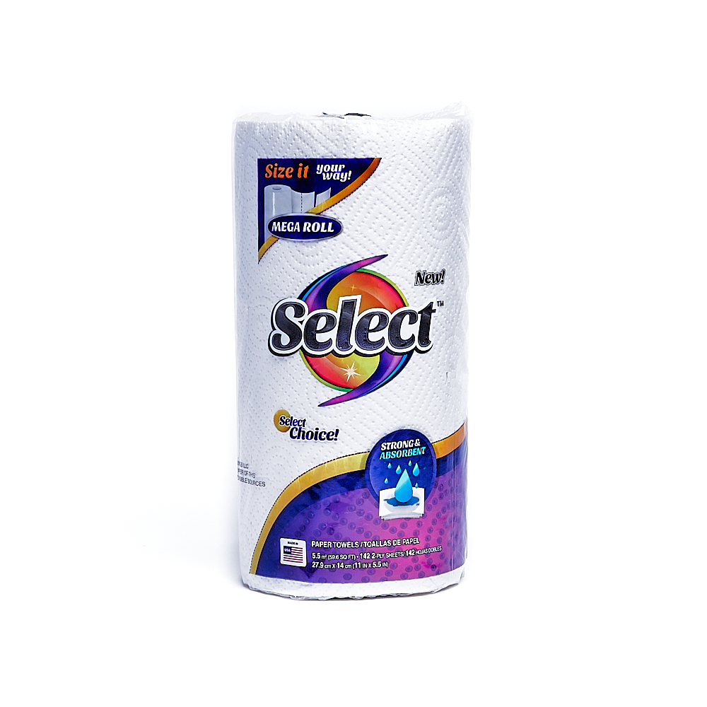 Front side of 2-Ply Select paper towel roll package (142 sheets)