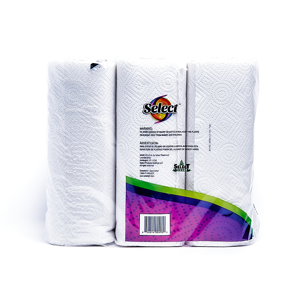 Back side of 2-Ply Select paper towel roll package (60 sheets/6 pack)