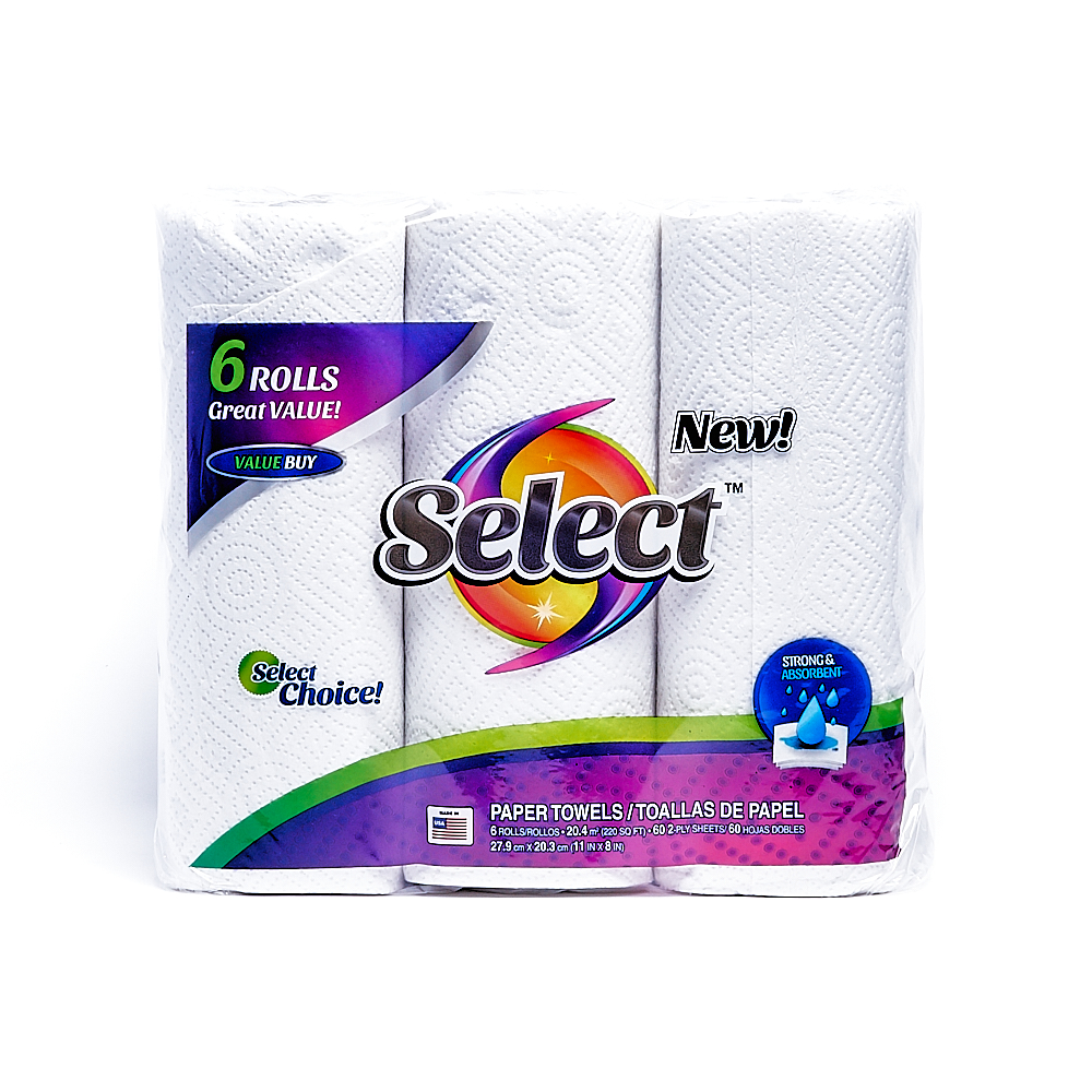 Front side of 2-Ply Select paper towel roll package (60 sheets/6 pack)