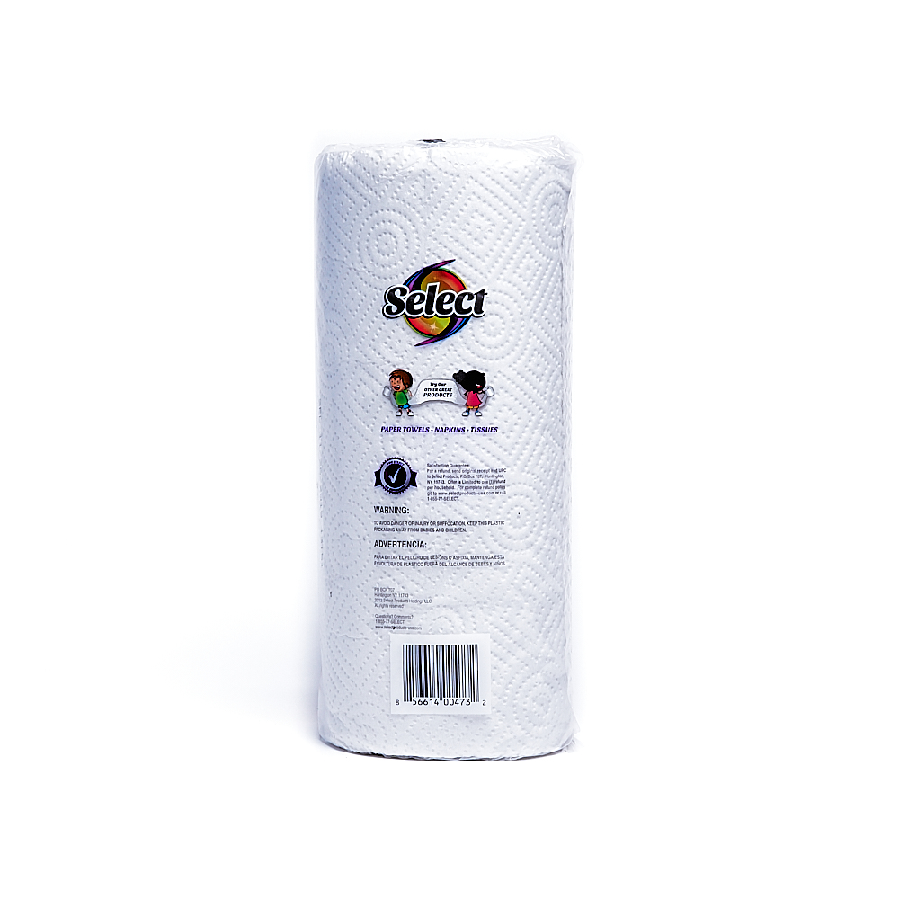 Back side of 2-Ply Select paper towel roll package (70 sheets)