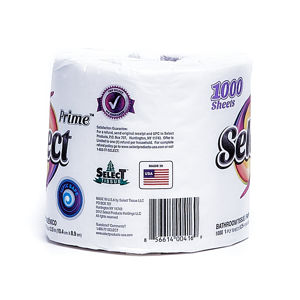Back side of 1-Ply Select bath tissue single roll (1000 sheets)