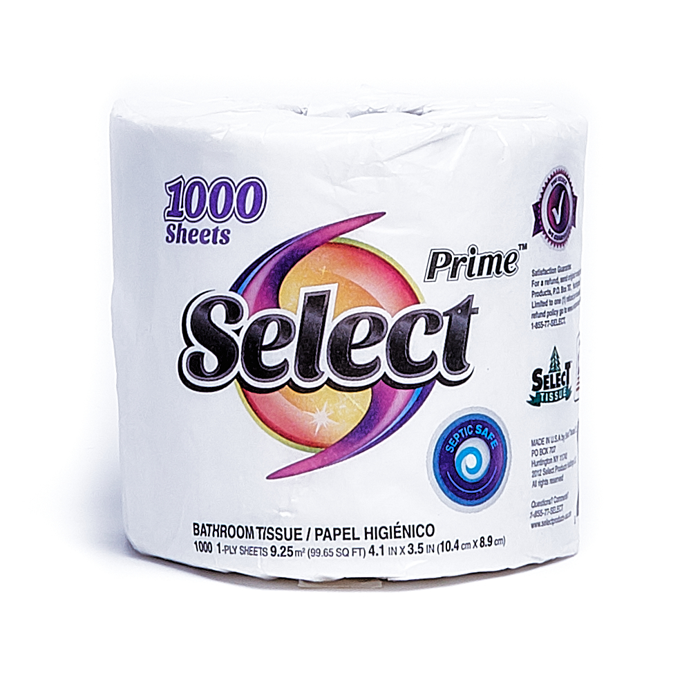 Front side of 1-Ply Select bath tissue single roll (1000 sheets)